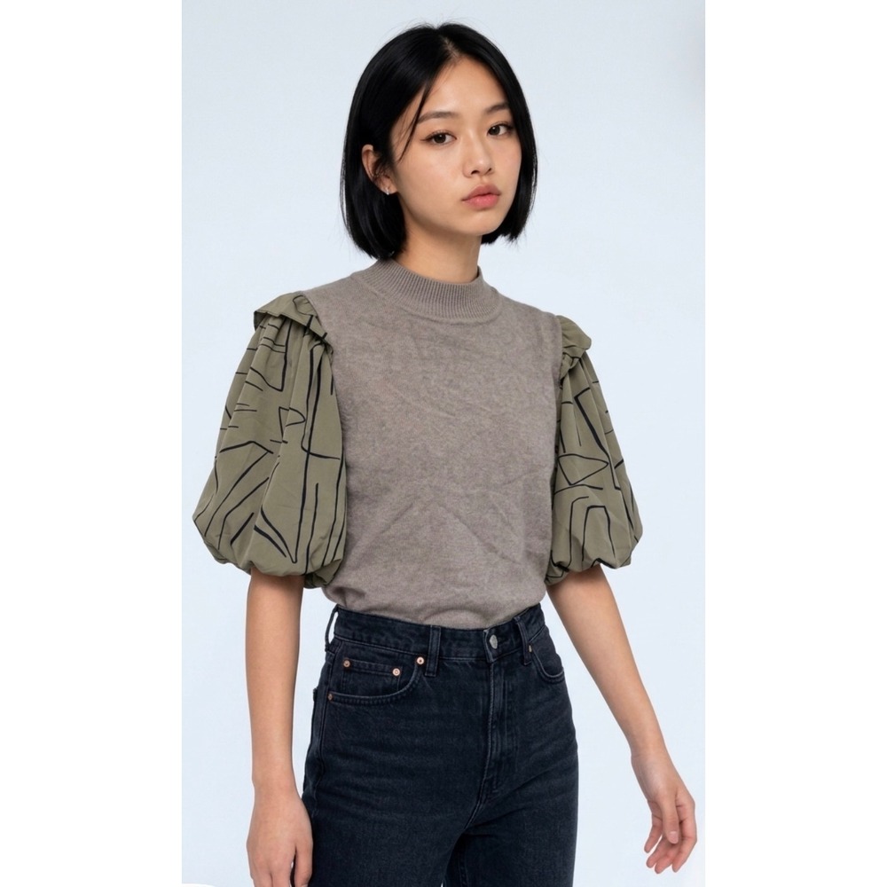 THML Mixed Media Sweater Women M Grey Excellent Puff Sleeve Abstract Print Top